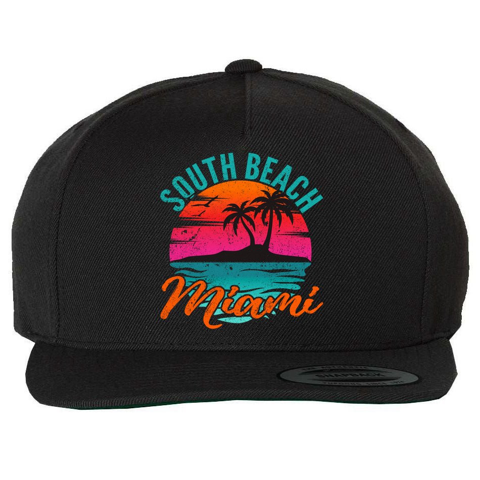 South Beach Miami Florida Sunset Vacation Distressed Grunge Cool Gift Wool Snapback Cap