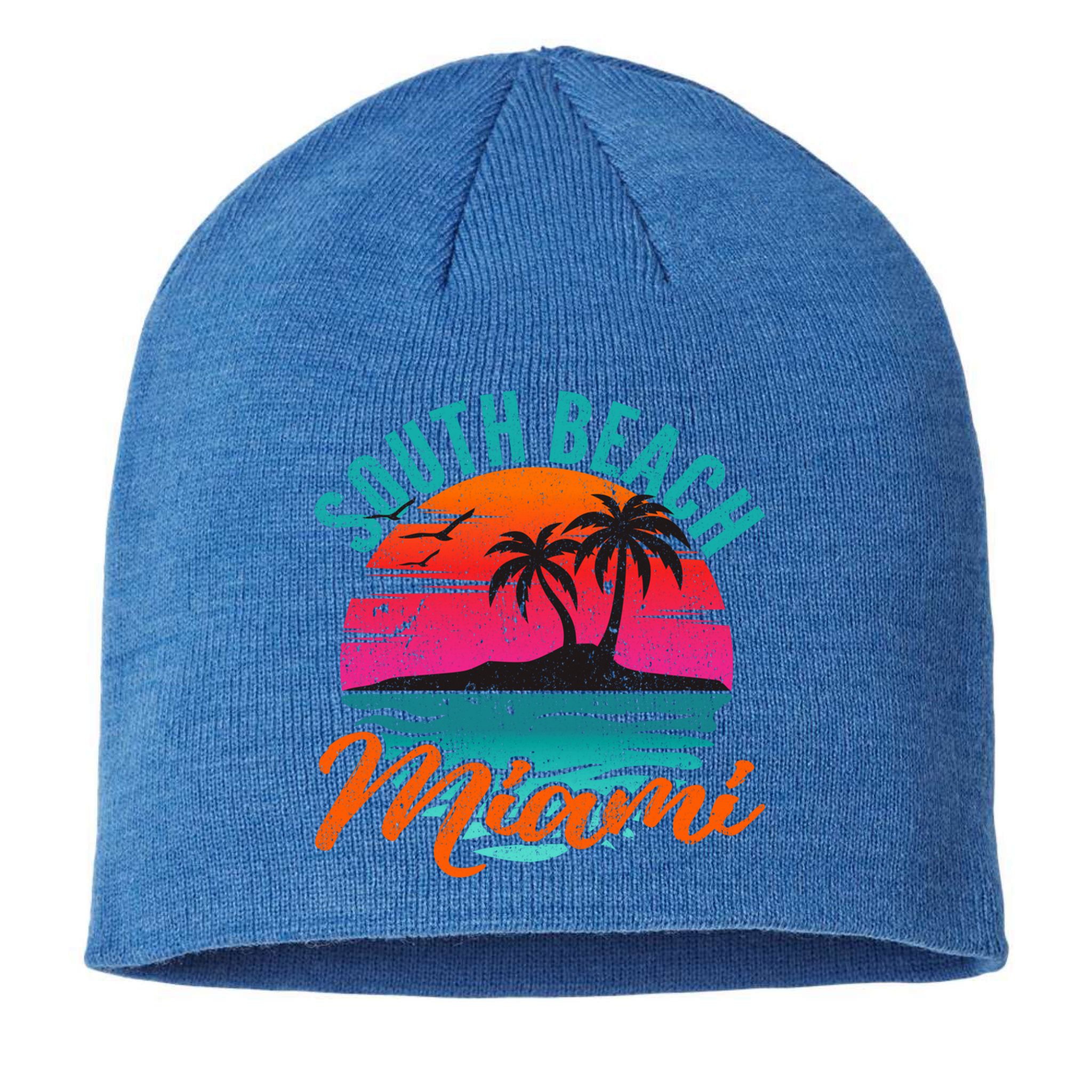 South Beach Miami Florida Sunset Vacation Distressed Grunge Cool Gift Sustainable Beanie