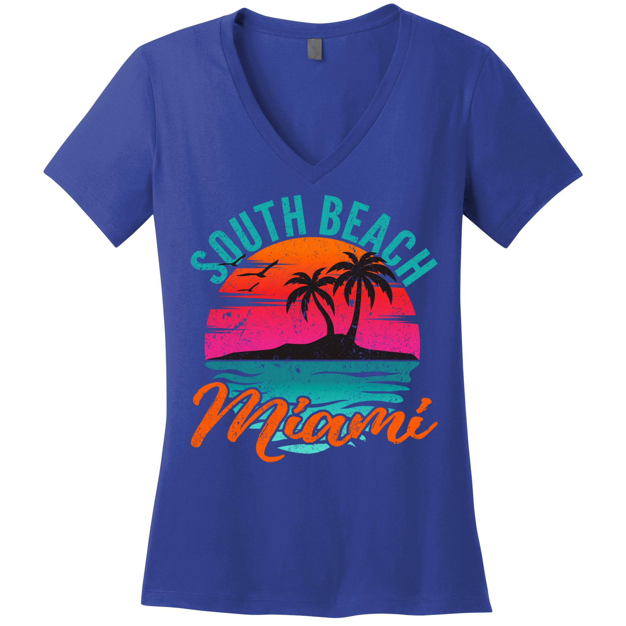 South Beach Miami Florida Sunset Vacation Distressed Grunge Cool Gift Women's V-Neck T-Shirt
