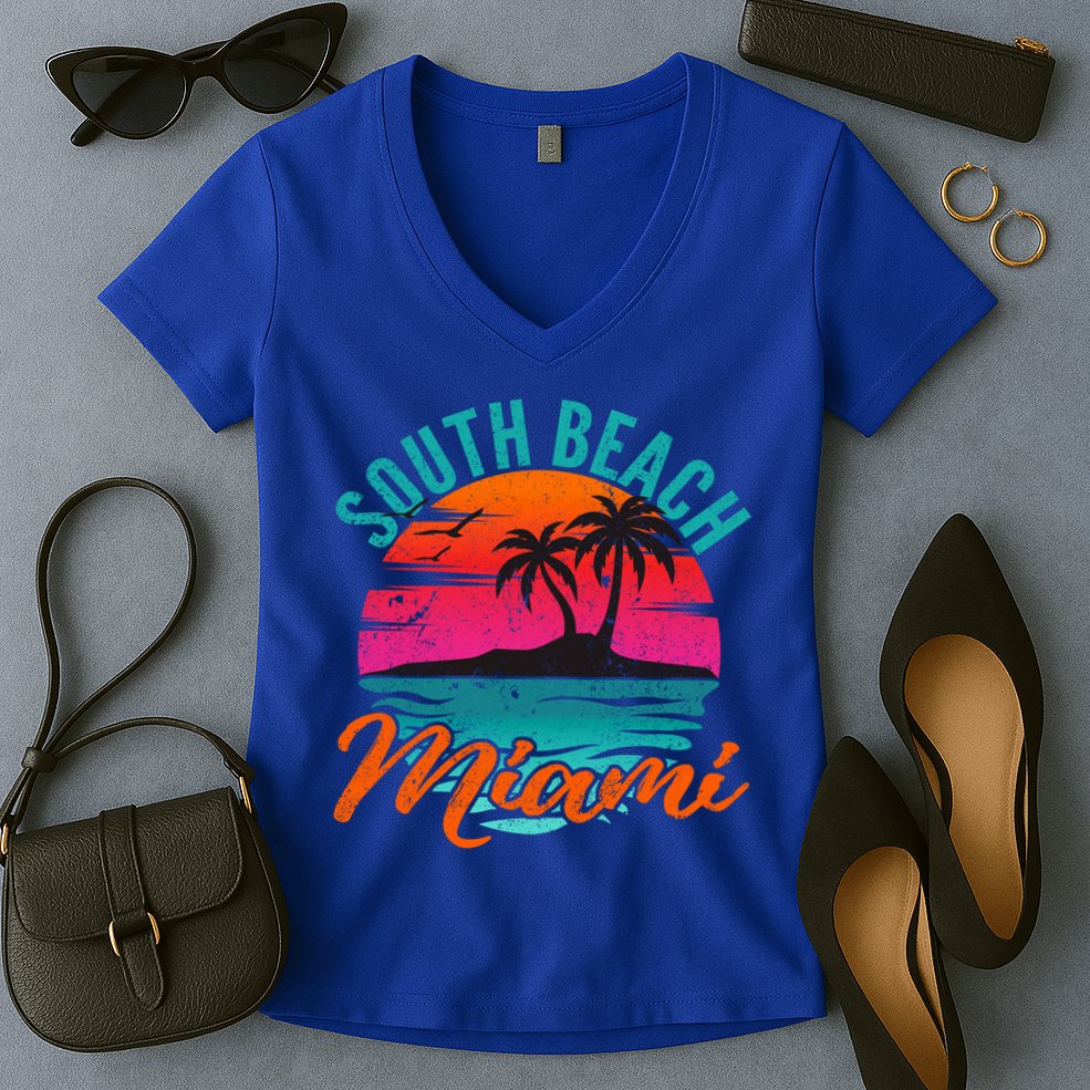 South Beach Miami Florida Sunset Vacation Distressed Grunge Cool Gift Women's V-Neck T-Shirt