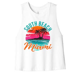 South Beach Miami Florida Sunset Vacation Distressed Grunge Cool Gift Women's Racerback Cropped Tank