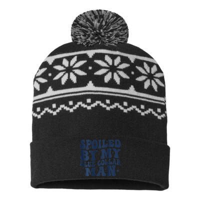 Spoiled By My Blue Collar Man Groovy Wife (On Back) USA-Made Snowflake Beanie