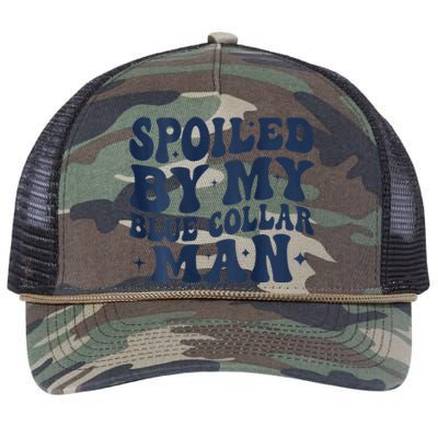 Spoiled By My Blue Collar Man Groovy Wife (On Back) Retro Rope Trucker Hat Cap