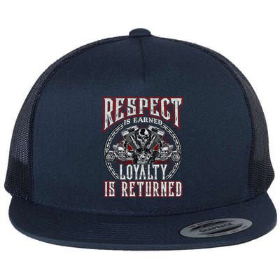 Skull Biker Motorcycle Respect Loyalty Throttle Cool Gift Flat Bill Trucker Hat