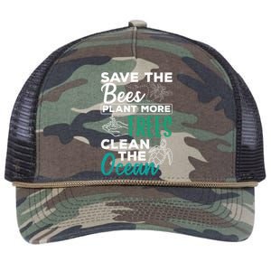 Save Bees More Trees Clean Seas Cool Gift Nature Recycle Earth Gift Retro Rope Trucker Hat Cap