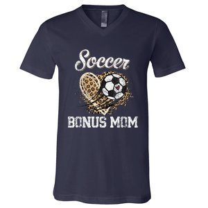 Soccer Bonus Mom Leopard Heart Proud Bonus Mom Sport Lover V-Neck T-Shirt