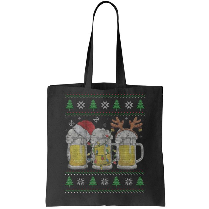 Santa Beer Mugs Ugly Christmas Sweater Festive Ale Lover Gift Tote Bag