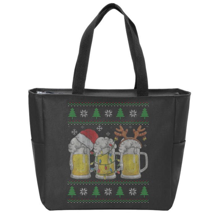 Santa Beer Mugs Ugly Christmas Sweater Festive Ale Lover Gift Zip Tote Bag