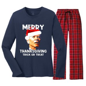 Santa Biden Merry Thanksgiving Trick Or Treat Christmas Meme Women's Long Sleeve Flannel Pajama Set 