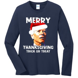 Santa Biden Merry Thanksgiving Trick Or Treat Christmas Meme Ladies Long Sleeve Shirt