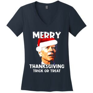 Santa Biden Merry Thanksgiving Trick Or Treat Christmas Meme Women's V-Neck T-Shirt