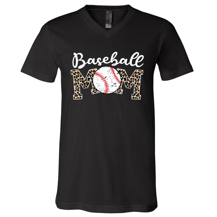 Softball Baseball Mom Leopard Tee Mother's Day V-Neck T-Shirt