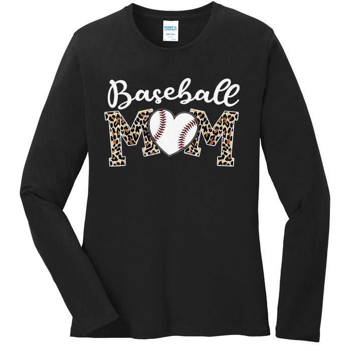 Softball Baseball Mom Leopard Tee Mother's Day Mama Ladies Long Sleeve Shirt