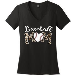 Softball Baseball Mom Leopard Tee Mother's Day Mama Women's V-Neck T-Shirt