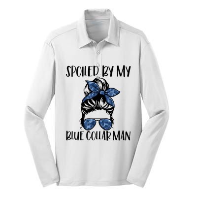 Spoiled By My Blue Collar Man Messy Bun Silk Touch Performance Long Sleeve Polo