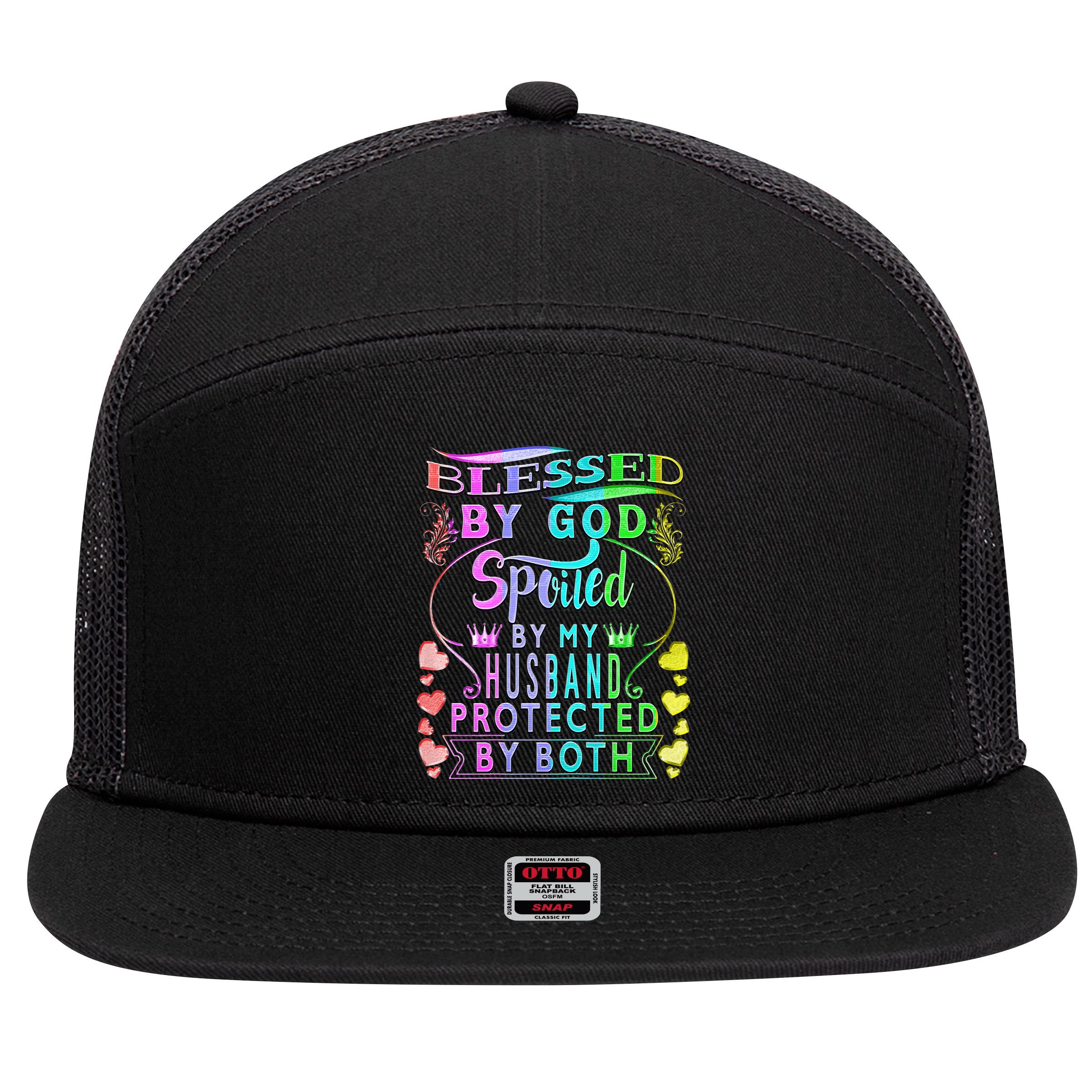 Spoiled By My Husband Blessed By God Wife Gifts From Husband 7 Panel Mesh Trucker Snapback Hat