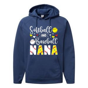 Softball Baseball Nana Grandma Baseball Softball Nana Gift Performance Fleece Hoodie