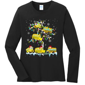 School Bus On Xmas Tree Christmas Santa School Bus Driver Ladies Long Sleeve Shirt