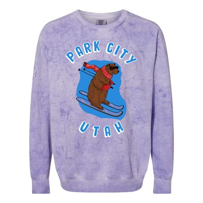 Skiing Bear On Ski Slope Funny Park City Utah Souvenir Gift Colorblast Crewneck Sweatshirt