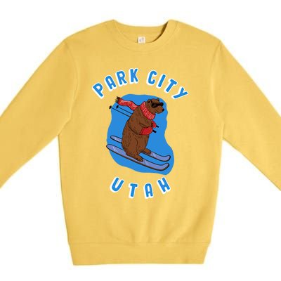 Skiing Bear On Ski Slope Funny Park City Utah Souvenir Gift Premium Crewneck Sweatshirt