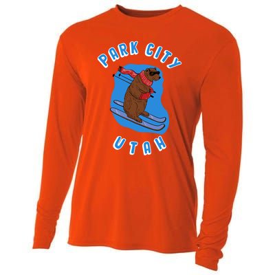 Skiing Bear On Ski Slope Funny Park City Utah Souvenir Gift Cooling Performance Long Sleeve Crew