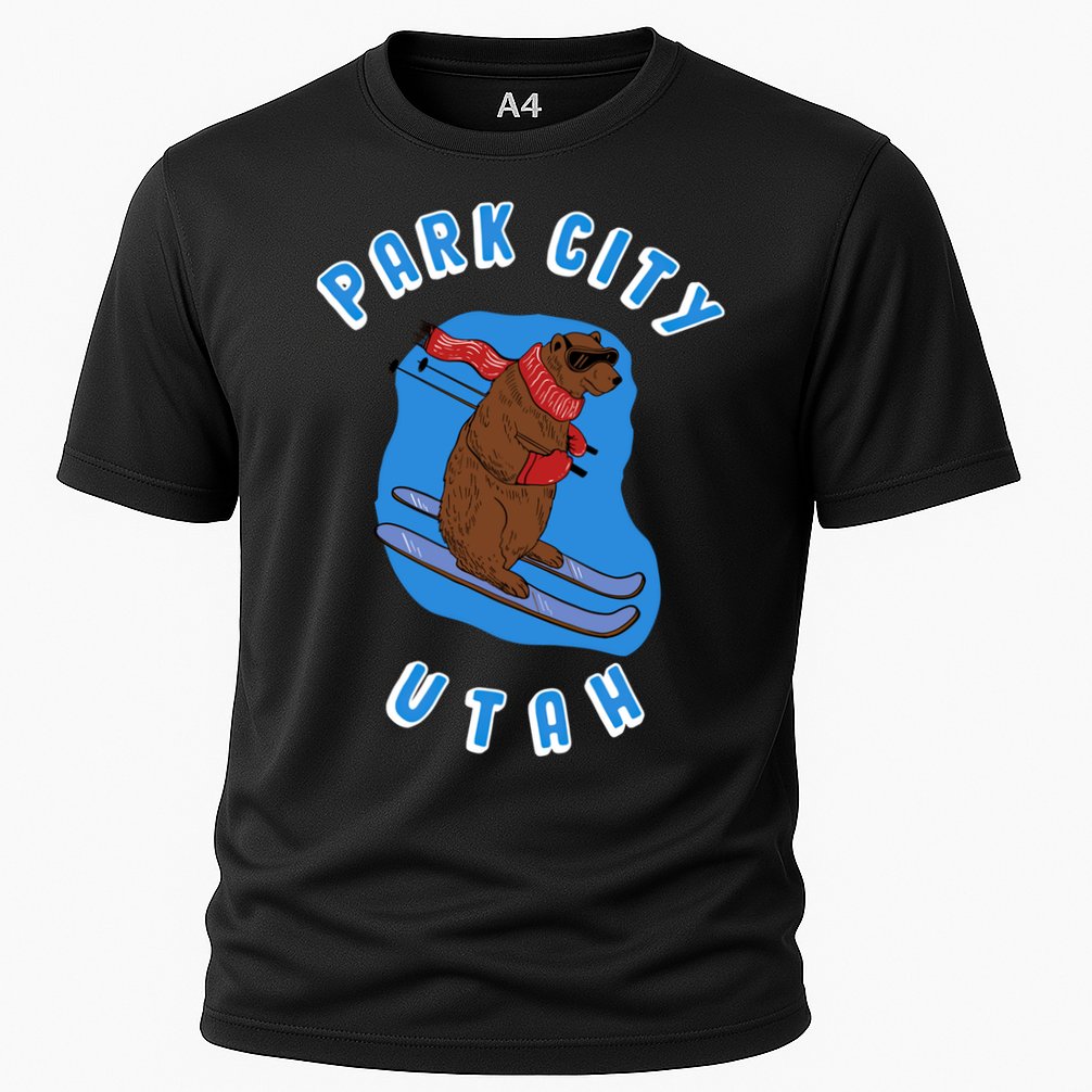 Skiing Bear On Ski Slope Funny Park City Utah Souvenir Gift Cooling Performance Crew T-Shirt