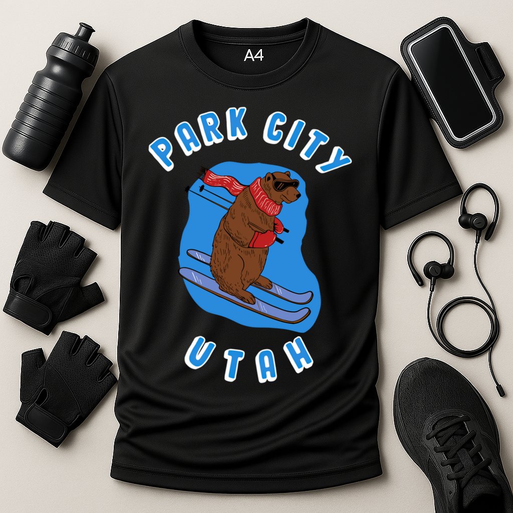Skiing Bear On Ski Slope Funny Park City Utah Souvenir Gift Cooling Performance Crew T-Shirt