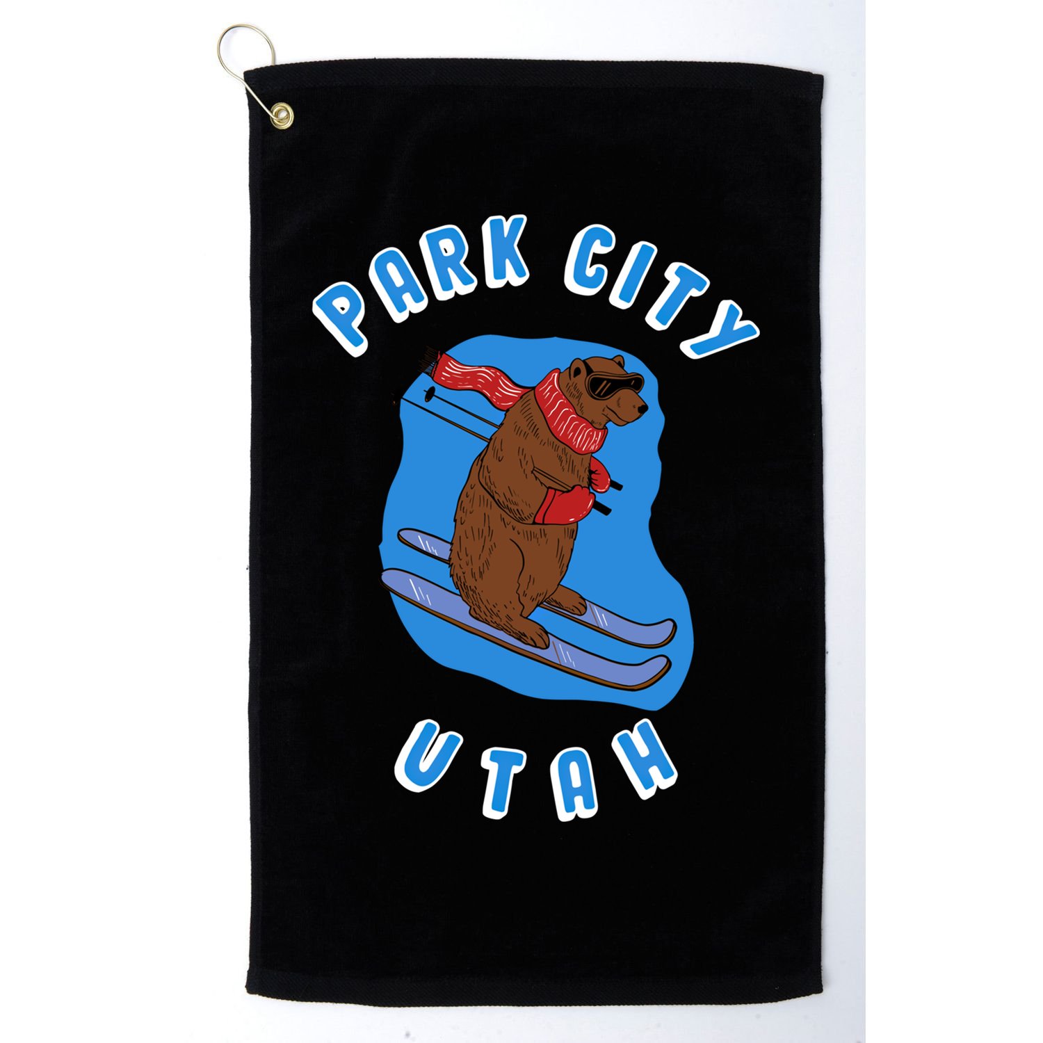 Skiing Bear On Ski Slope Funny Park City Utah Souvenir Gift Golf Towel