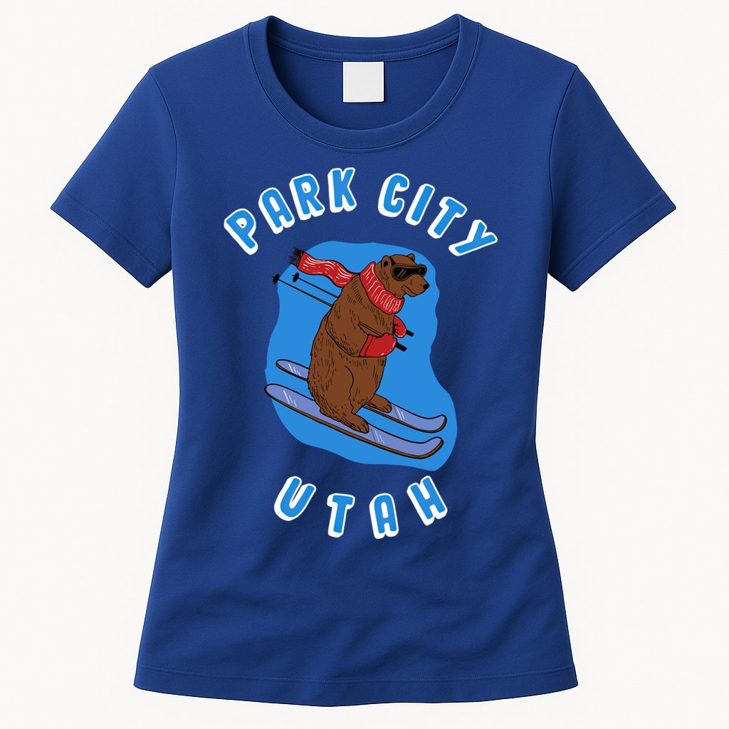 Skiing Bear On Ski Slope Funny Park City Utah Souvenir Gift Womens T-Shirt