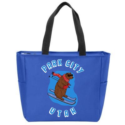 Skiing Bear On Ski Slope Funny Park City Utah Souvenir Gift Zip Tote Bag
