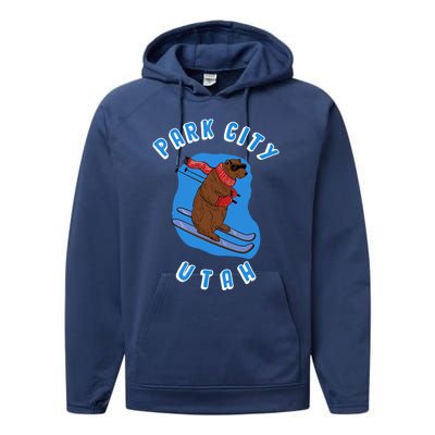 Skiing Bear On Ski Slope Funny Park City Utah Souvenir Gift Performance Fleece Hoodie