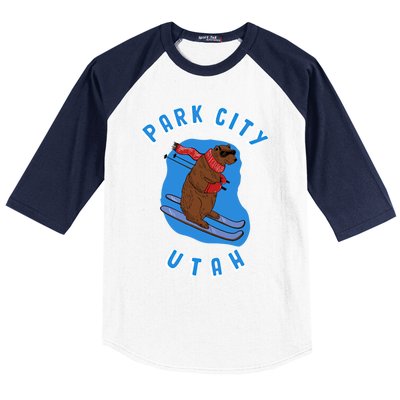 Skiing Bear On Ski Slope Funny Park City Utah Souvenir Gift Baseball Sleeve Shirt