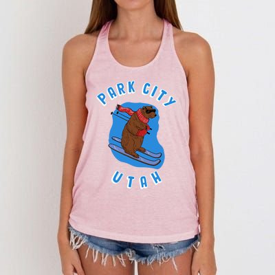 Skiing Bear On Ski Slope Funny Park City Utah Souvenir Gift Women's Knotted Racerback Tank