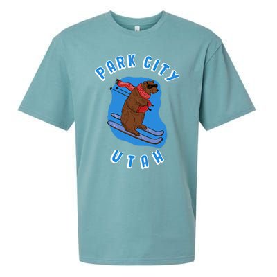 Skiing Bear On Ski Slope Funny Park City Utah Souvenir Gift Sueded Cloud Jersey T-Shirt