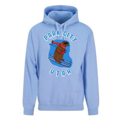 Skiing Bear On Ski Slope Funny Park City Utah Souvenir Gift Unisex Surf Hoodie