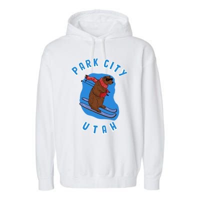 Skiing Bear On Ski Slope Funny Park City Utah Souvenir Gift Garment-Dyed Fleece Hoodie