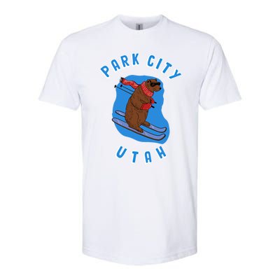 Skiing Bear On Ski Slope Funny Park City Utah Souvenir Gift Softstyle CVC T-Shirt