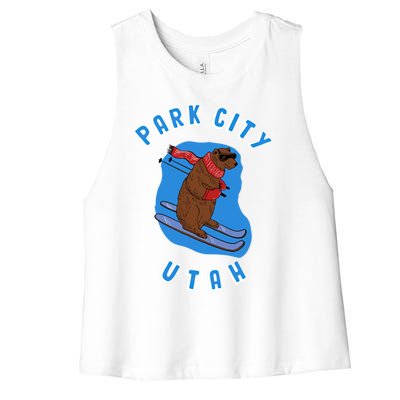 Skiing Bear On Ski Slope Funny Park City Utah Souvenir Gift Women's Racerback Cropped Tank