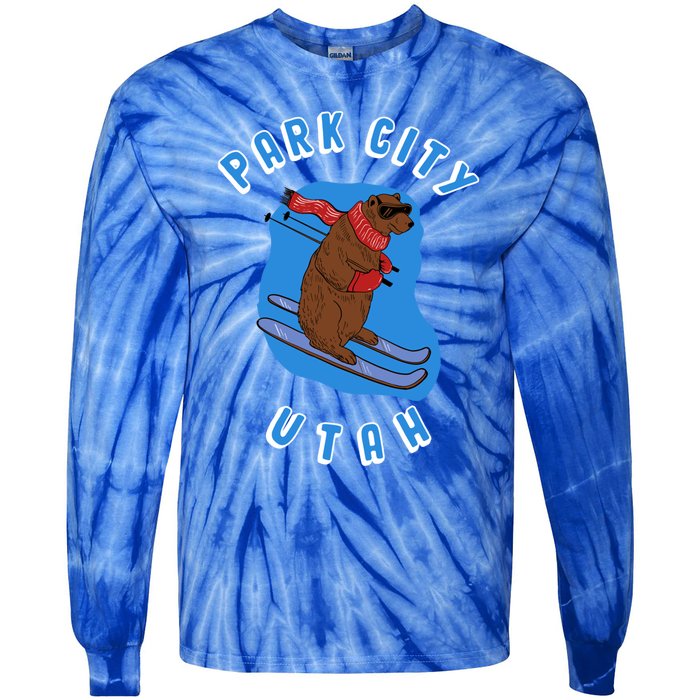 Skiing Bear On Ski Slope Funny Park City Utah Souvenir Funny Gift Tie-Dye Long Sleeve Shirt