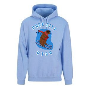 Skiing Bear On Ski Slope Funny Park City Utah Souvenir Funny Gift Unisex Surf Hoodie