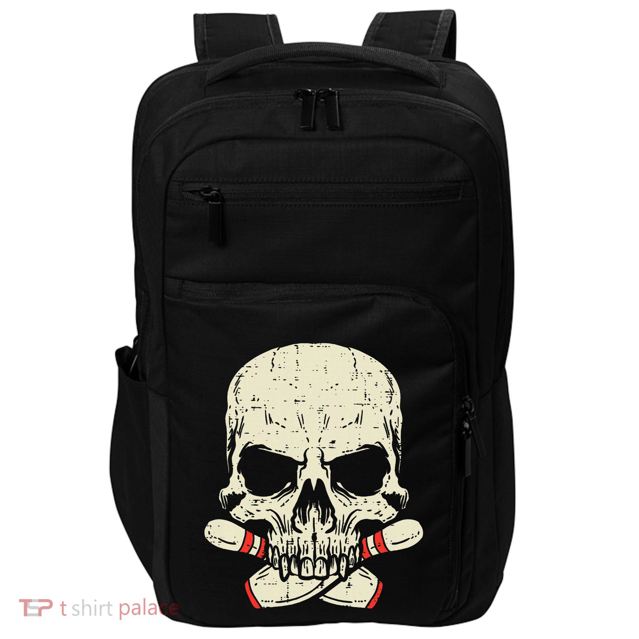 Skull Bowling Pins Skeleton Head Bowler Impact Tech Backpack