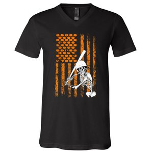 Skeleton Baseball Player Fan Skeleton Halloween Baseball V-Neck T-Shirt