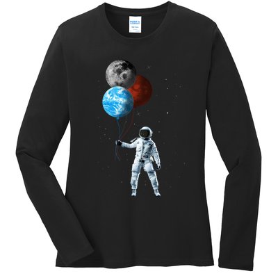 Planet Balloons Astronaut Space Ladies Long Sleeve Shirt