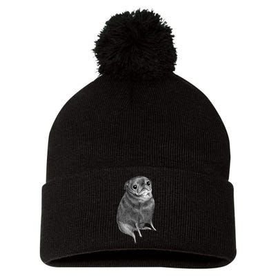 Sweet Black Pug Pom Pom 12in Knit Beanie