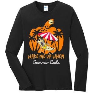 Summerween Beach Pumpkin Skeleton Funny Halloween Holiday Ladies Long Sleeve Shirt