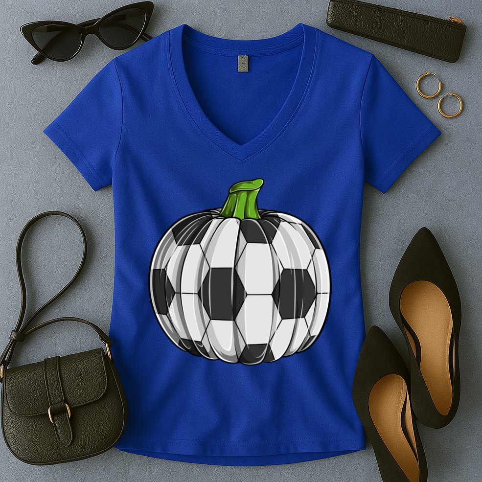 Soccer Ball Pumpkin Halloween Funny Sports Football Boys Cool Gift Women's V-Neck T-Shirt