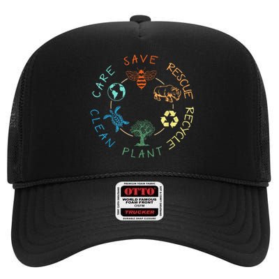 Save Bees Rescue Animals Recycle Plastic Earth Day 2024 High Crown Mesh Back Trucker Hat