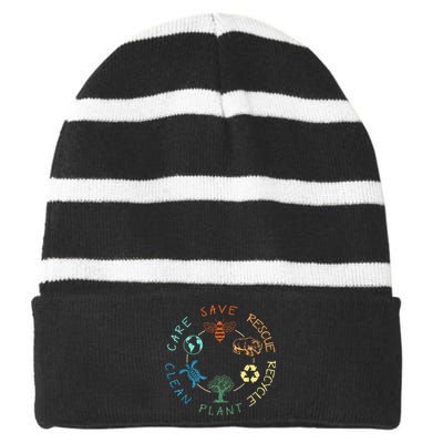 Save Bees Rescue Animals Recycle Plastic Earth Day 2024 Striped Beanie with Solid Band