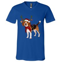 Santa Beagle Reindeer Light Christmas Funny Gift V-Neck T-Shirt