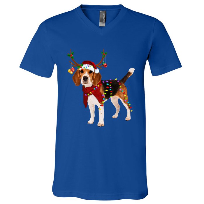 Santa Beagle Reindeer Light Christmas Funny Gift V-Neck T-Shirt